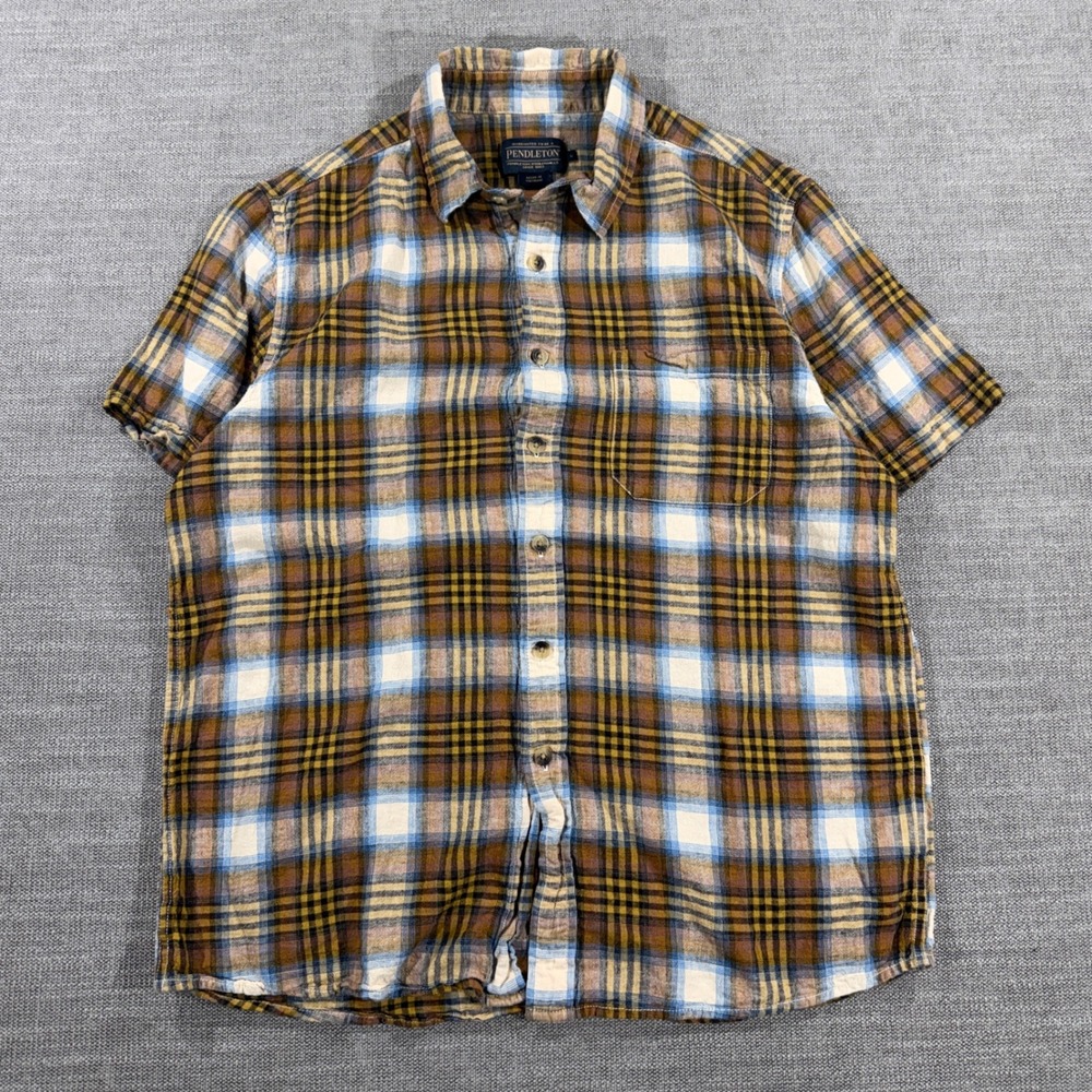 Pendleton Plaid Button Down Shirt Mens Large Brown Blue Short Sleeve Excellent